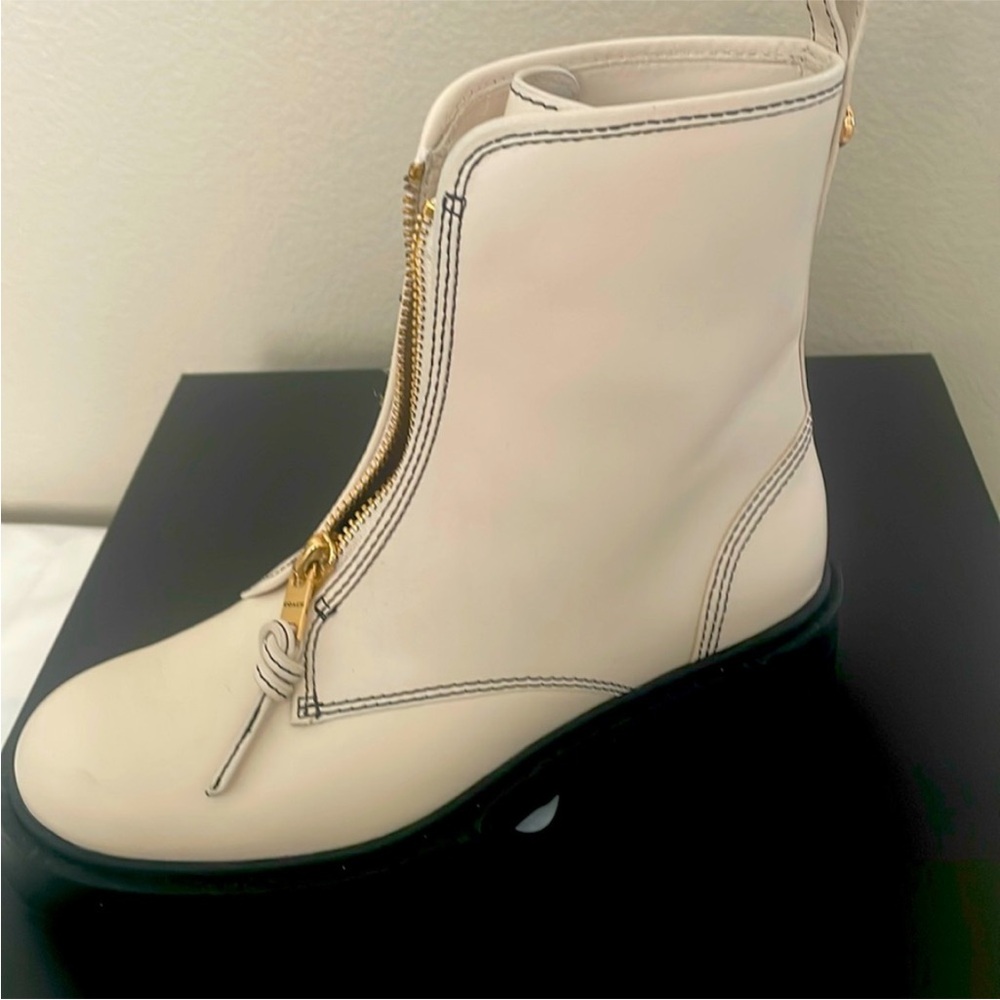 Coach Cream Leather Front-Zip Ankle Boot with Gold Hardware